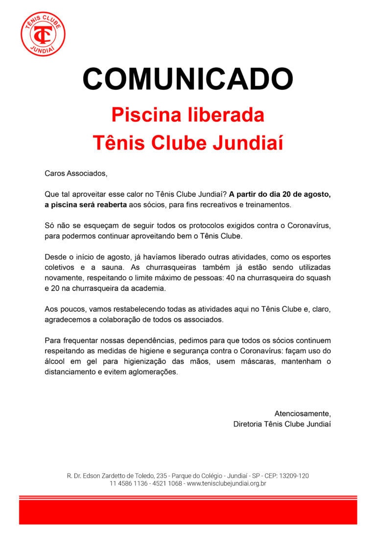 comunicado piscina liberada tênis clube jundiaí